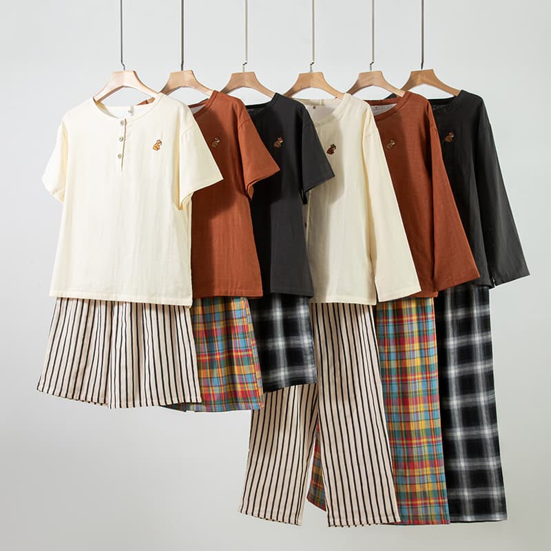 Wearable Pure Cotton Double-Layer Gauze Embroidered Couple Long and Short Sleeve Pajamas, Cotton Homewear Set Wholesale