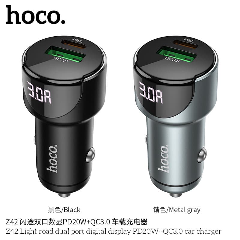 HOCO Z42 Flash Dual Port Digital Display PD20W+QC3.0 Car Charger