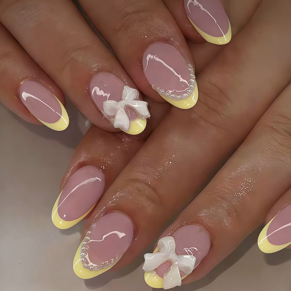 Cross-border European and American Fashion New Style Ribbon Bow Nail Art Sweet Style Pearl Design Yellow French Wear Nail Tips