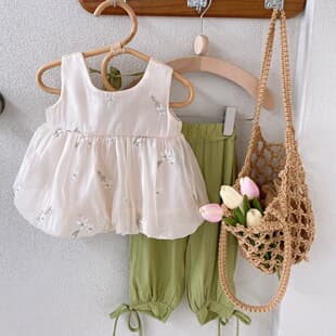 Ancorelala Summer New Girls Cute Set Embroidered Sleeveless Top with Mosquito-Proof Pants Two-Piece Set