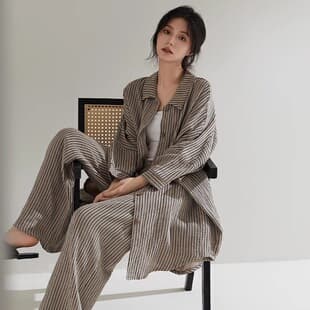 Pajamas for Women Spring Autumn Pure Cotton Striped Long Sleeve Wide Leg Long Pants Wearable Out New Plus Size Loungewear Set