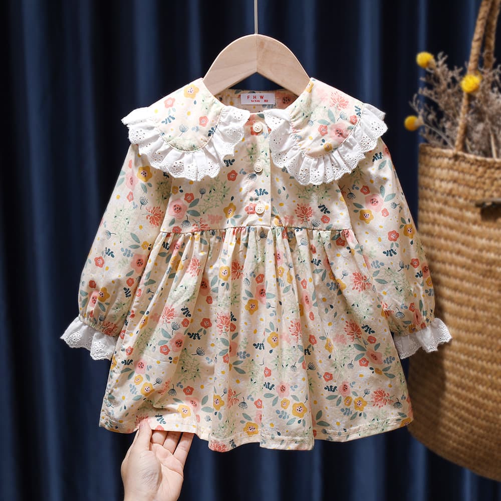 [Pink House] Girls' Dress, Autumn Outfit, Kidsren's Princess Dress, Stylish Little Kidsren's Floral Lapel Long-Sleeved Baby Dress