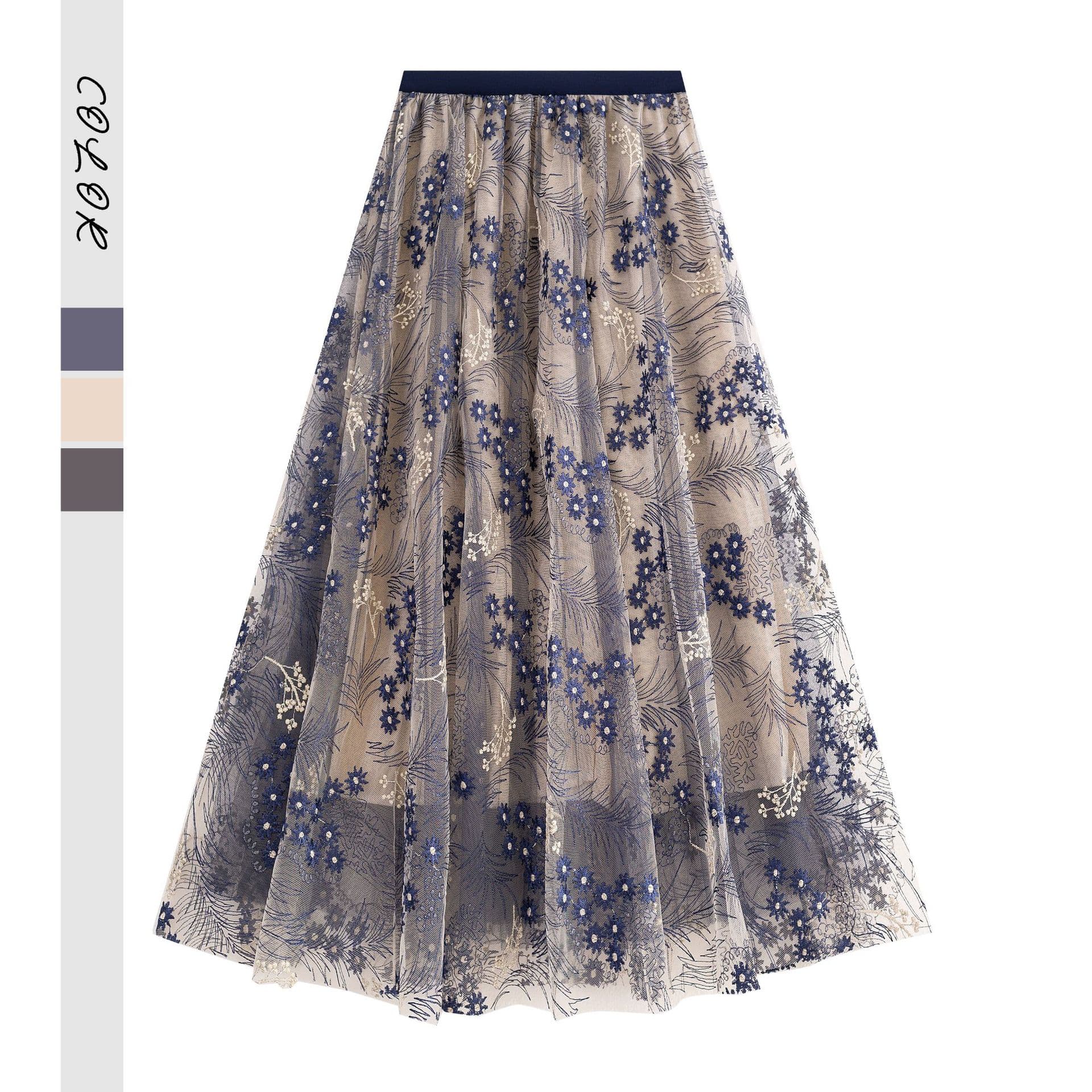 Heavy Embroidery Midi Skirt for Women, Autumn High-Waist Slimming Lace Skirt, French Style Elegant A-Line Tulle Puffy Skirt