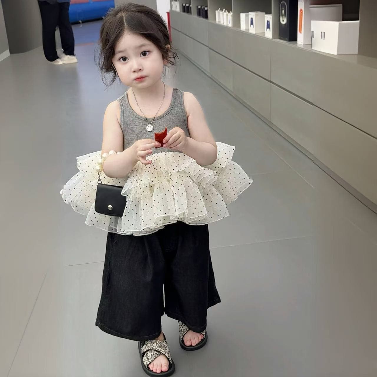New Summer Baby Girl Korean Style Set: Spliced Vest Polka Dot Mesh Top + 3/4 Length Wide-Leg Pants Two-Piece Set