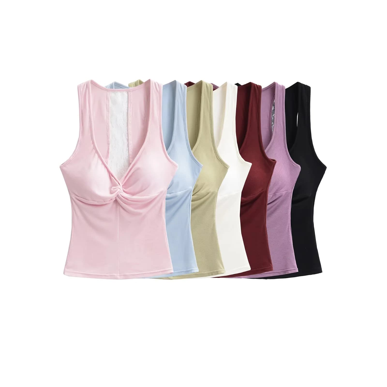 Sexy V-Neck Twist Strap Camisole Summer Backless Lace Patchwork Crop Top