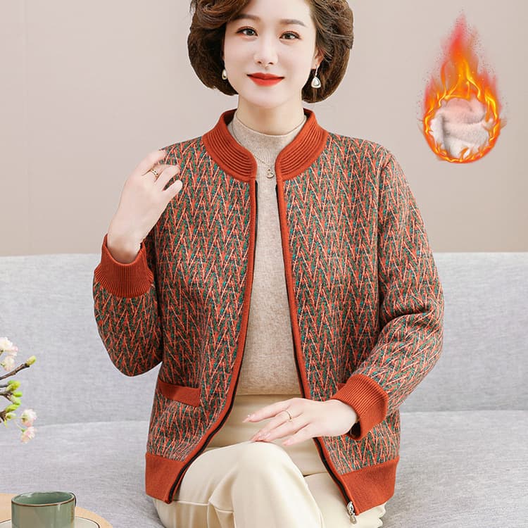 Grandma's coat, 2024 autumn new style, elderly women's knitted sweater, fleece-lined and thickened striped top.