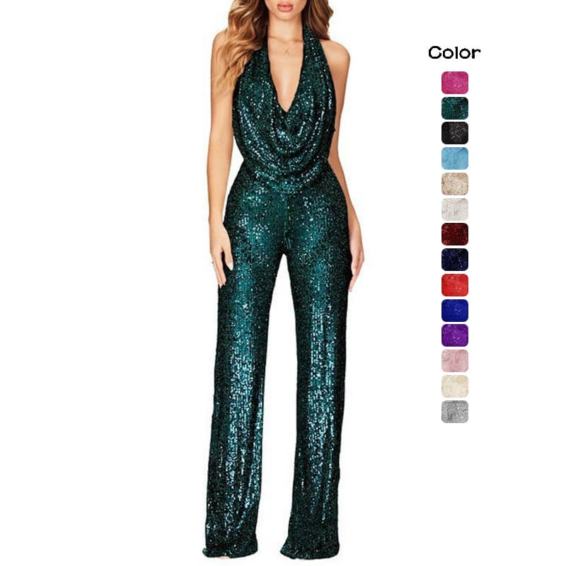 In-Stock European and American New Styles Amazon 2025 Summer Cross-Border Women's Jumpsuit Sleeveless Halter Sequin Jumpsuit for Women