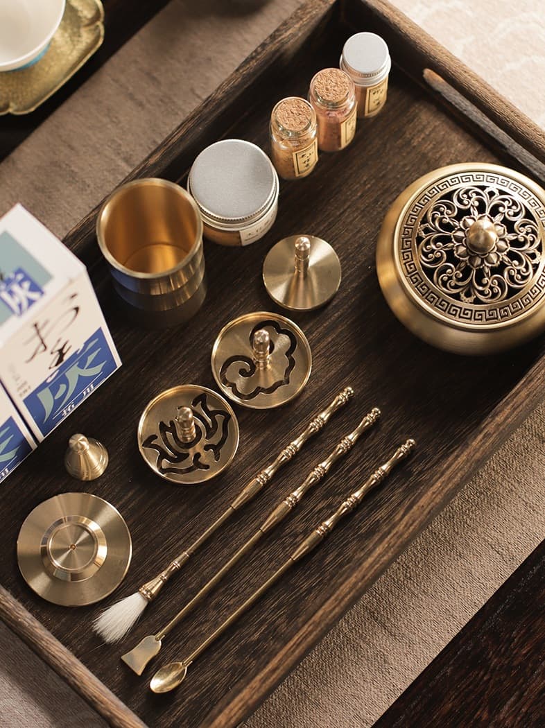 Incense set with ash press, brass burner, pure powder, seal mold, and stamp tools for home use beginners.