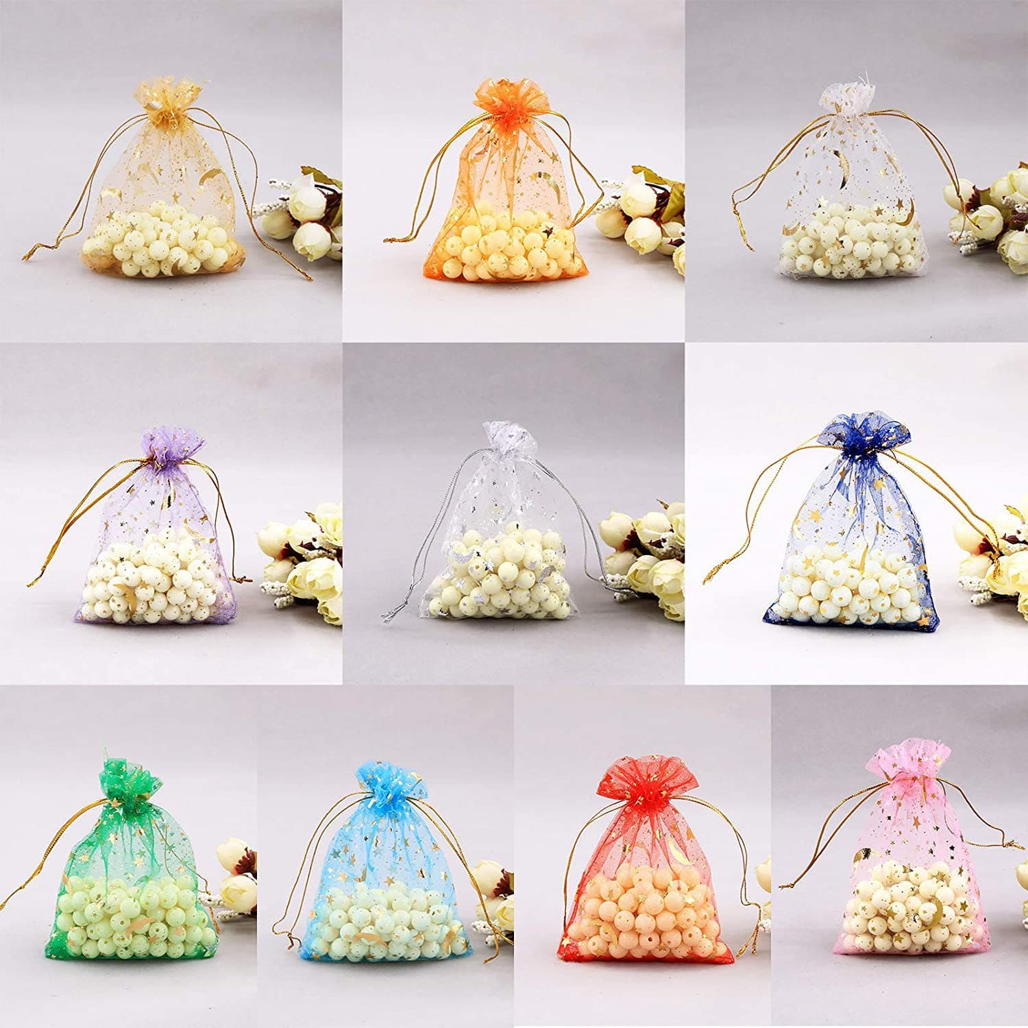 Mesh Bag Organza Gold Silver Foil Stars Moon Jewelry Drawstring Gift Cosmetic Storage Packaging Bag