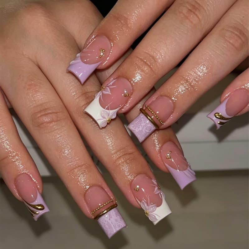 Cross-border Trade Premium Press-On Nails Purple French 3D Gel Flower 24Pcs Removable Fake Nails