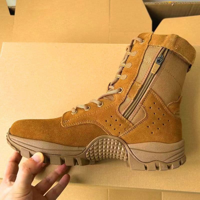 Genuine brown new combat boots toe layer cowhide waterproof and anti-puncture super wear-resistant side zipper high-top outdoor military training