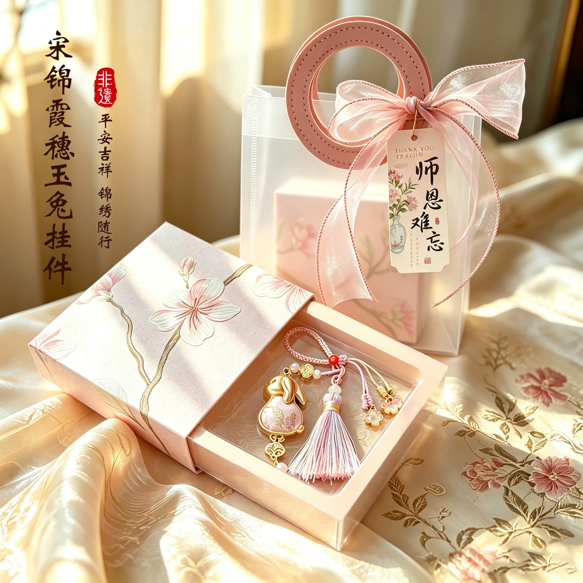 Song Brocade Keychain Gourd with Seed Beads, Teacher's Day Gift, Chinese Style Bag Charm Pendant for Female Teacher, Wholesale