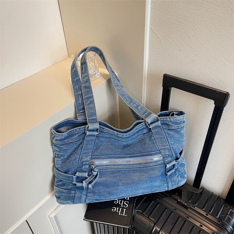 2025 summer new Korean denim bag large capacity tote bag shoulder armpit bag retro washed cloth bag