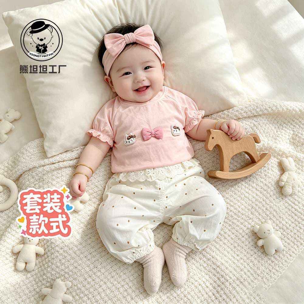 Baby girl suit summer new super cute Korean baby clothes summer thin short-sleeved cartoon split two-piece set