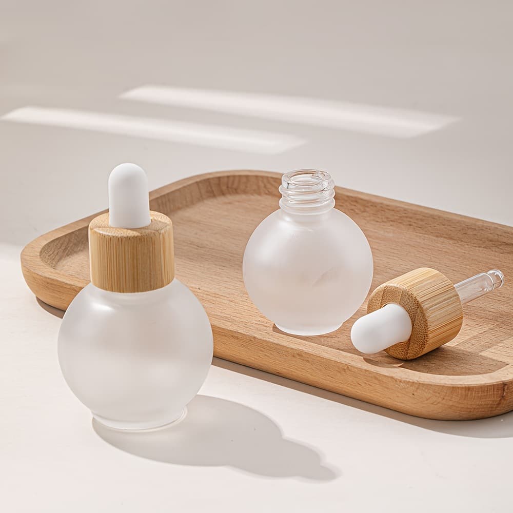 20/30ml Frosted Spherical Dropper Bottle Thick Bottom Essential Oil Bottle Serum Bottle Small Light Bulb Bamboo Wood Cap Essence Bottle