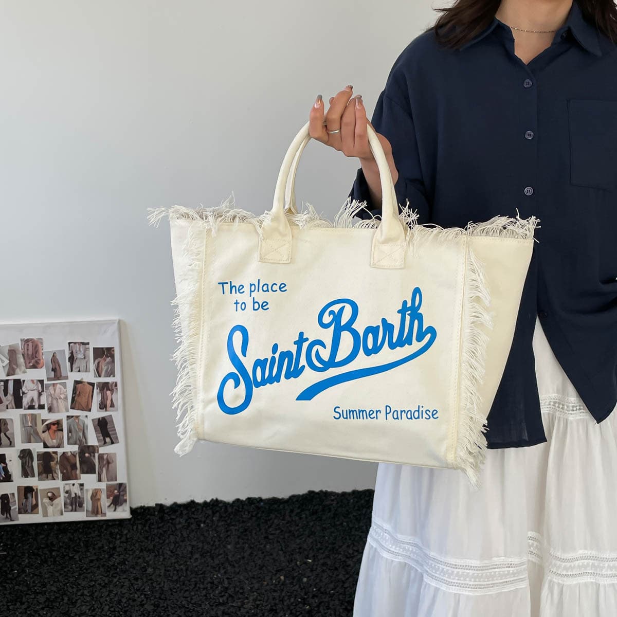 2025 New Women's Handmade Fringe Tote Bag with Denim Print, Commuter Style, Large Capacity, European and American Beach Bag