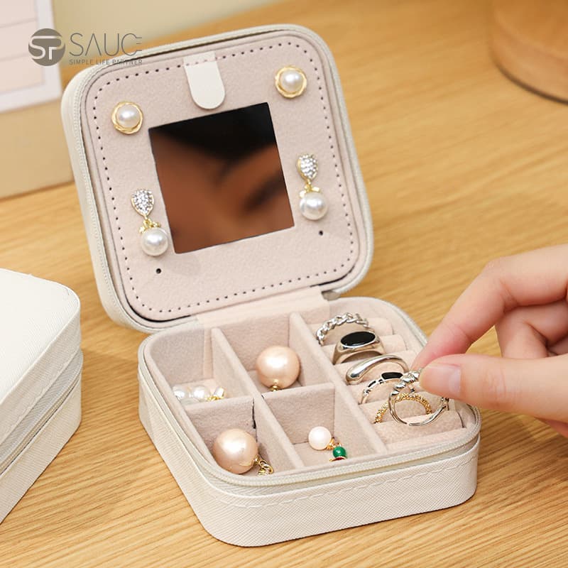 Jewelry storage box with mirror PU jewelry box simple portable earring necklace storage box manufacturer direct