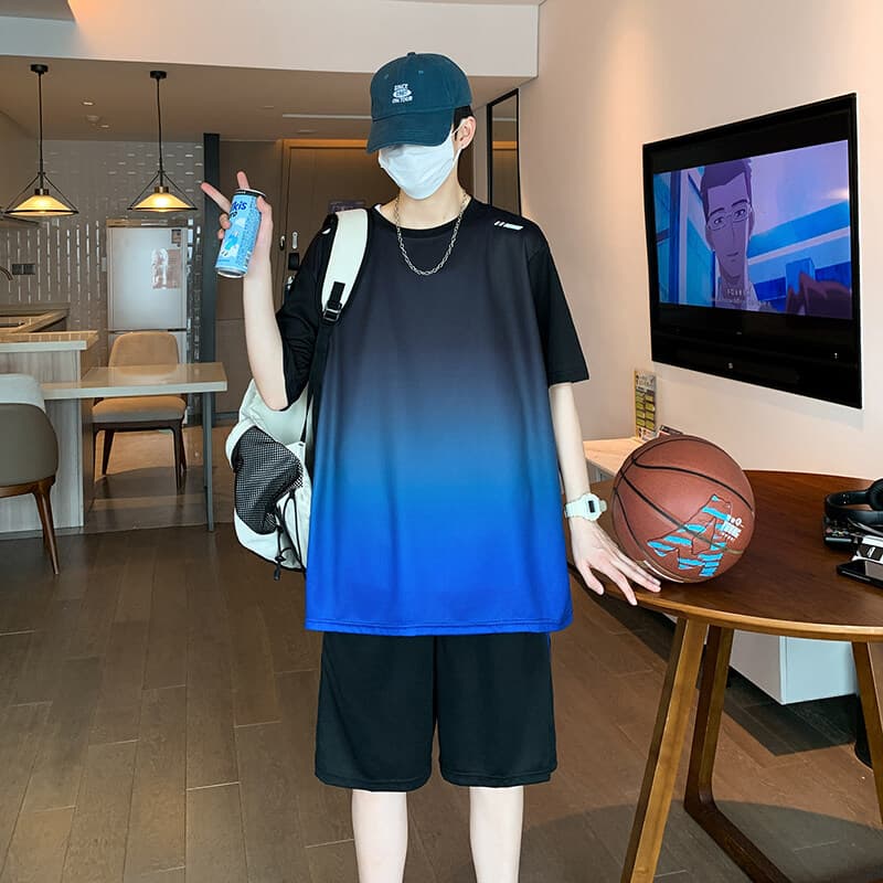 New Gradient Color Short Sleeve Sports Set Men's Loose Half Sleeve T-Shirt Casual Five-Point Shorts Complete Basketball Uniform