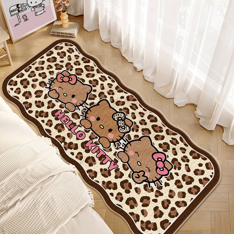 Leopard Print Kitty Cat Faux Cashmere Long Strip Rug with Silicone Non-Slip Base for Bedroom Bedside Carpet and Home Bay Window Foot Mat