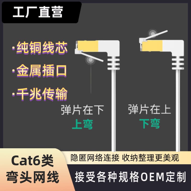 Cat6 Ethernet cable oxygen-free copper flat gigabit right-angle cat6 high-speed computer broadband network patch cord connection cable