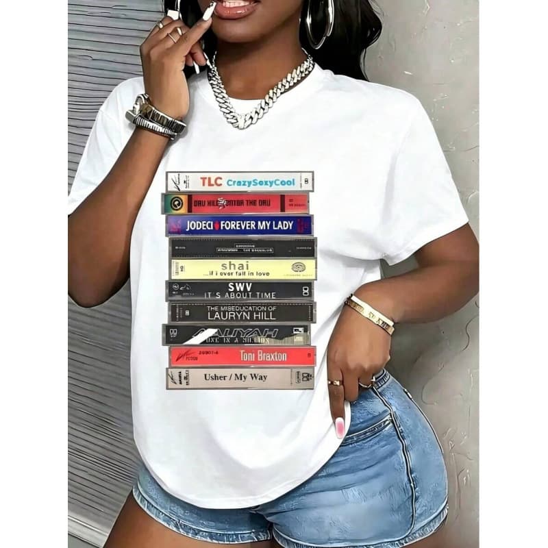 European size cotton 90s R&B Tape Print T-Shirt, Fall Clothes For Women,