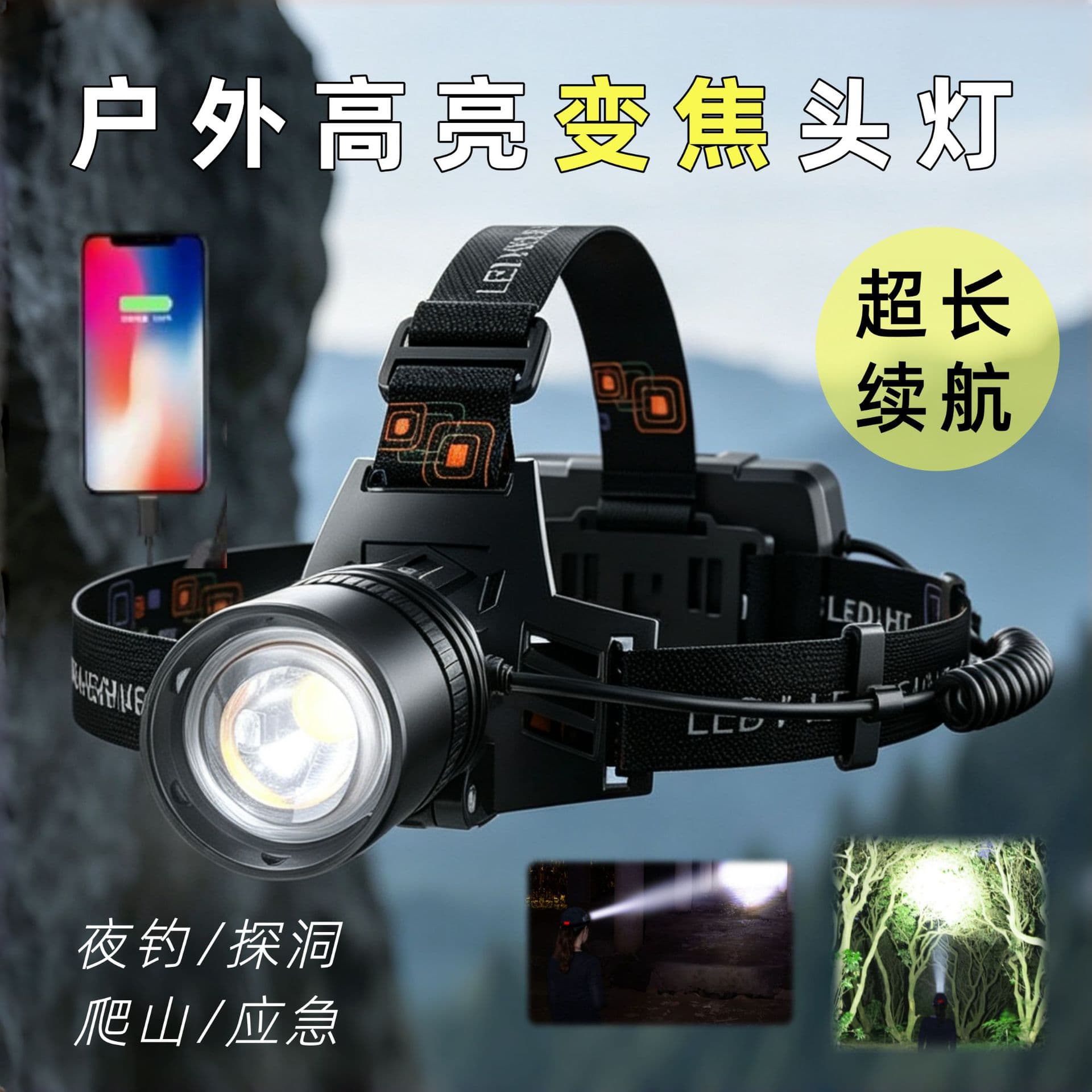 Aluminum alloy strong light head-mounted headlamp with long battery life lithium battery multi-functional induction fishing headlamp high brightness zoom miner's lamp