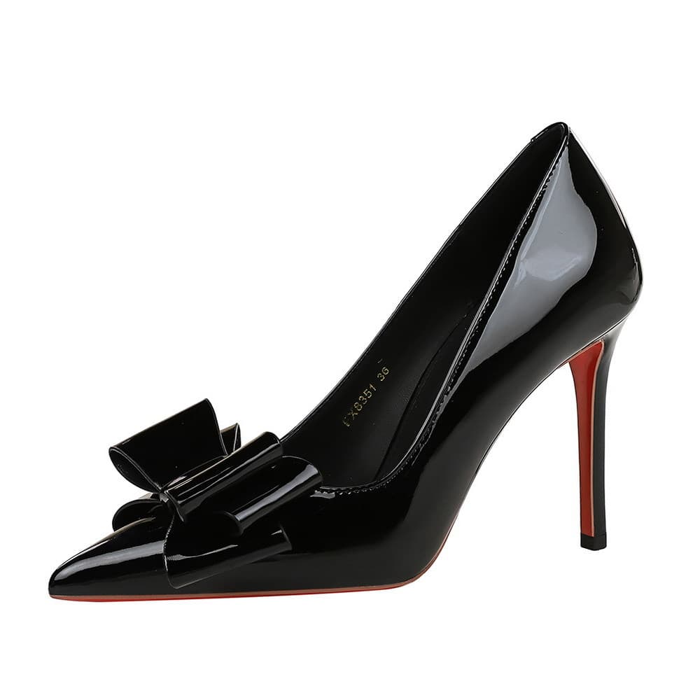 8351-H87 European and American Style High Heels Women's Sexy Thin Heel Patent Leather Three-Layer Bow Shallow Mouth Pointed Toe Banquet Shoes