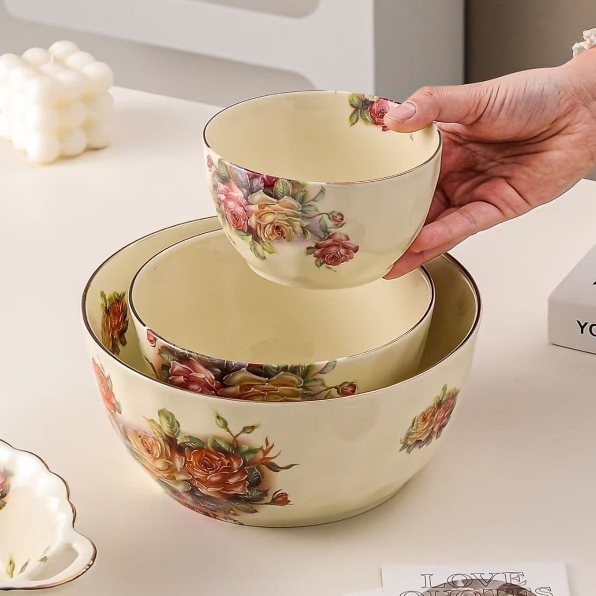 European-style Gold-trimmed Queen Rose Rice Bowl, Beautiful Bowl, New Home Bowl, High-appearance Soup Bowl for Young People