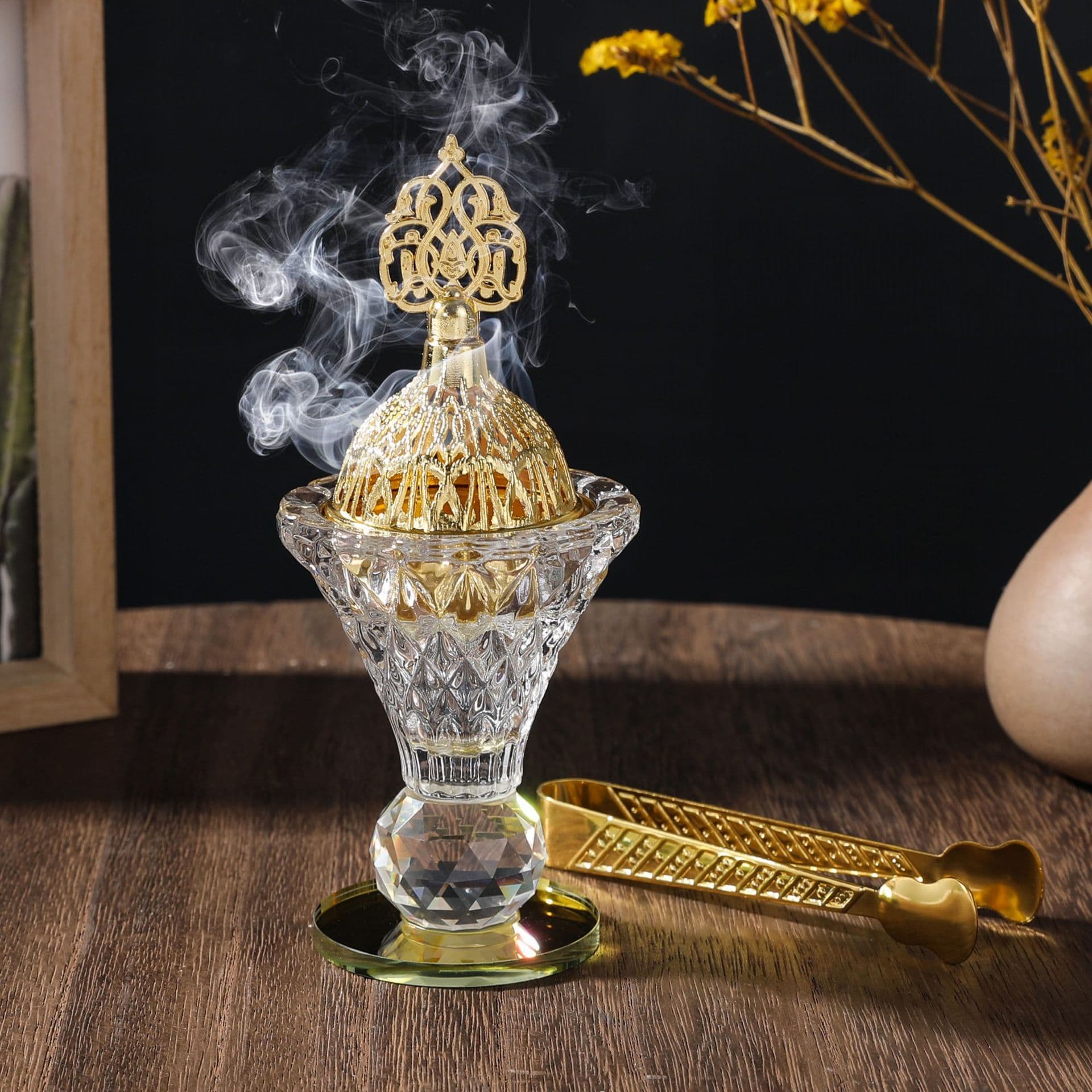 Cross-border Crystal Glass Gold Base Incense Burner Middle Eastern Home Decor Small Ornament Arabian Candle Holder Party Incense Holder Censer
