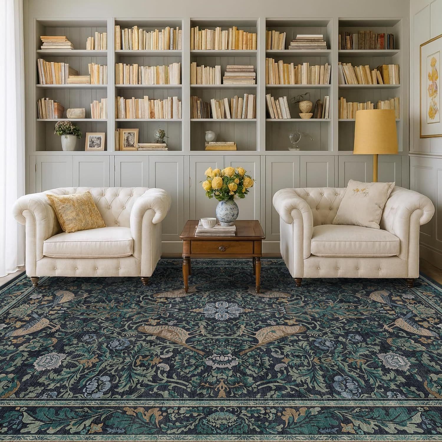 Amazon Hot-Selling Vintage Floral Bird Washed Base Cashmere Rug, Durable Thick Floor Mat for Bedroom and Living Room