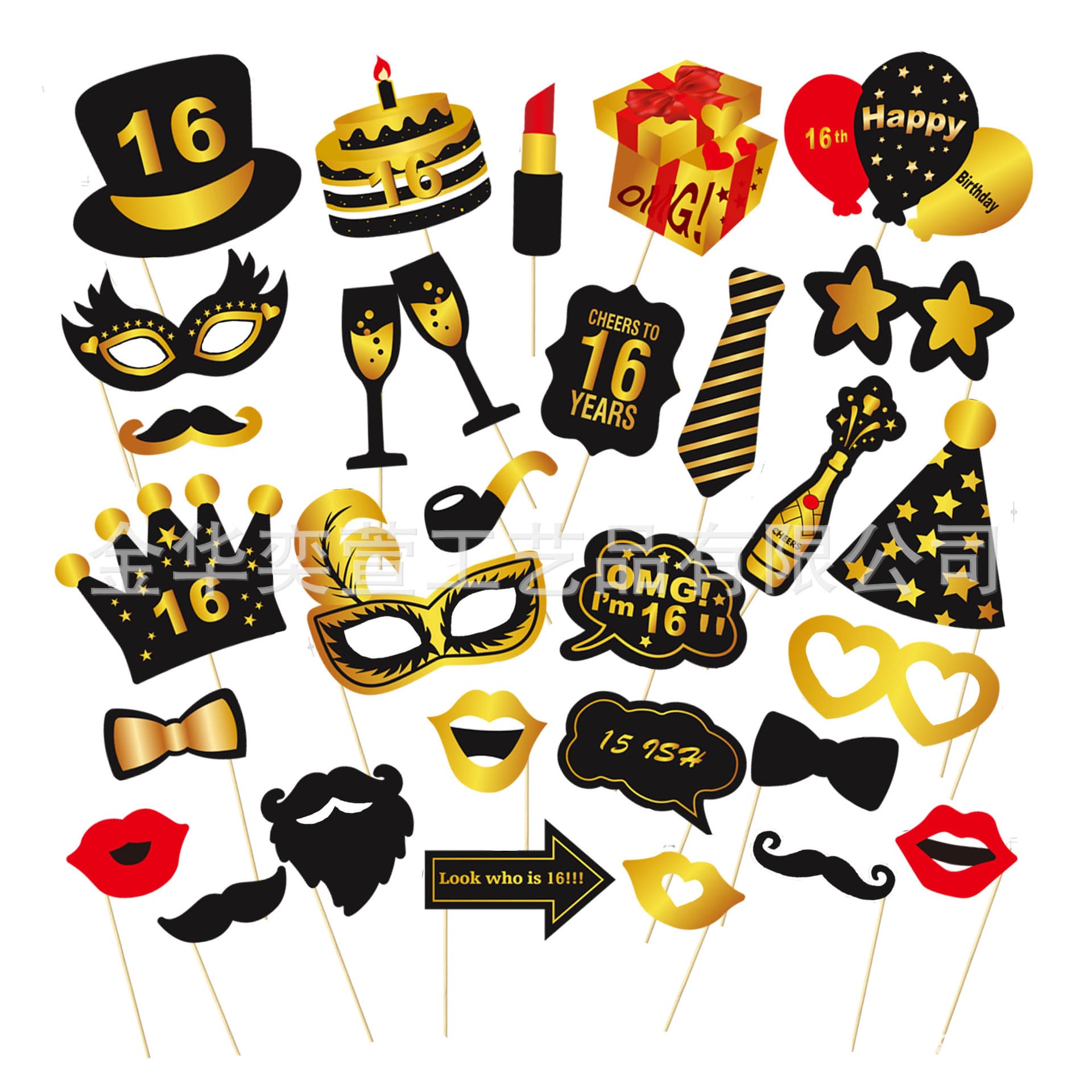 New Cross-Border 30-Piece Black Gold Birthday Photo Props 16-60 Birthday Party Decoration Shooting Supplies