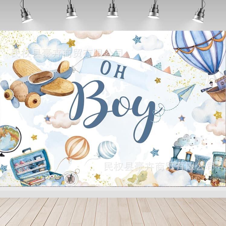 Amazon Hot Selling Oh Boy Adventure Theme Photography Backdrop Blue Airplane Baby Shower Decoration