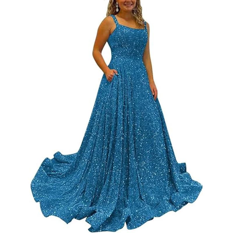 Evening Dress with Sequins, Strappy Long Party Gown, Backless Wide Hem Dress, Premium Style