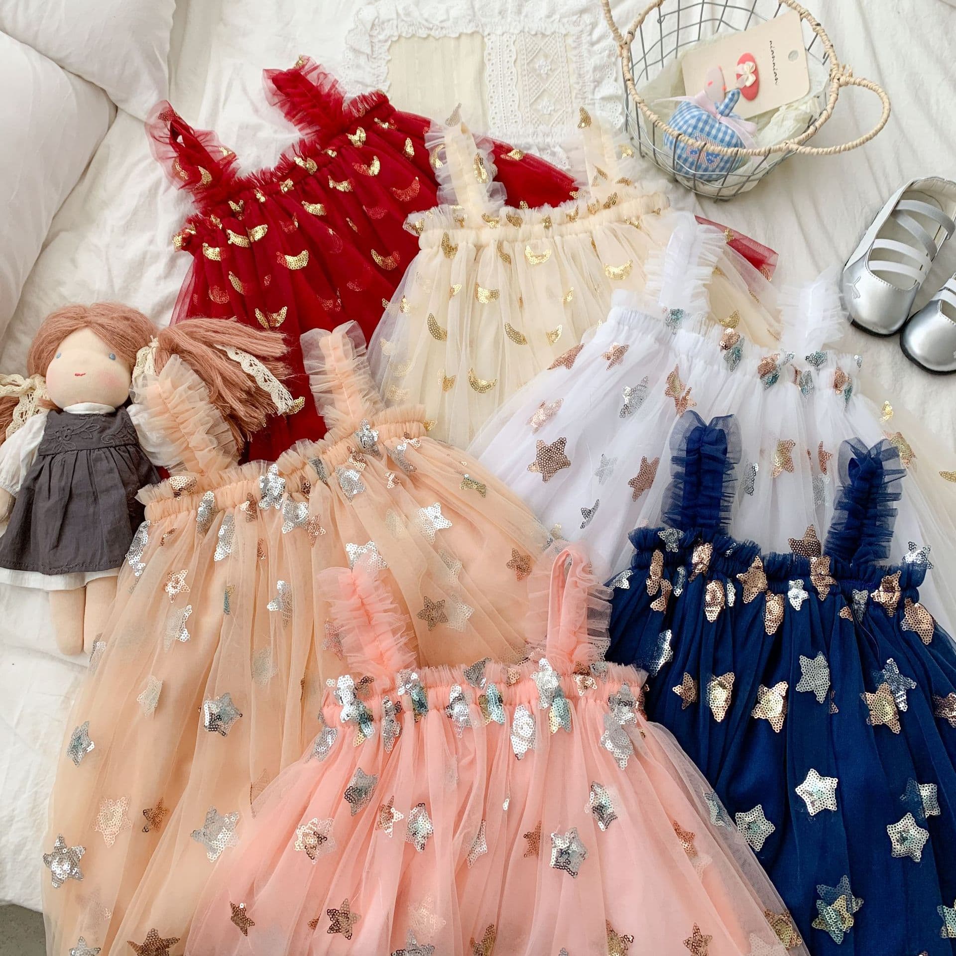 Export Sequin Girls Dress Summer Spaghetti Strap Girls Dress Star Embroidery Tulle Dress Children's Gown Princess Dress Wholesale