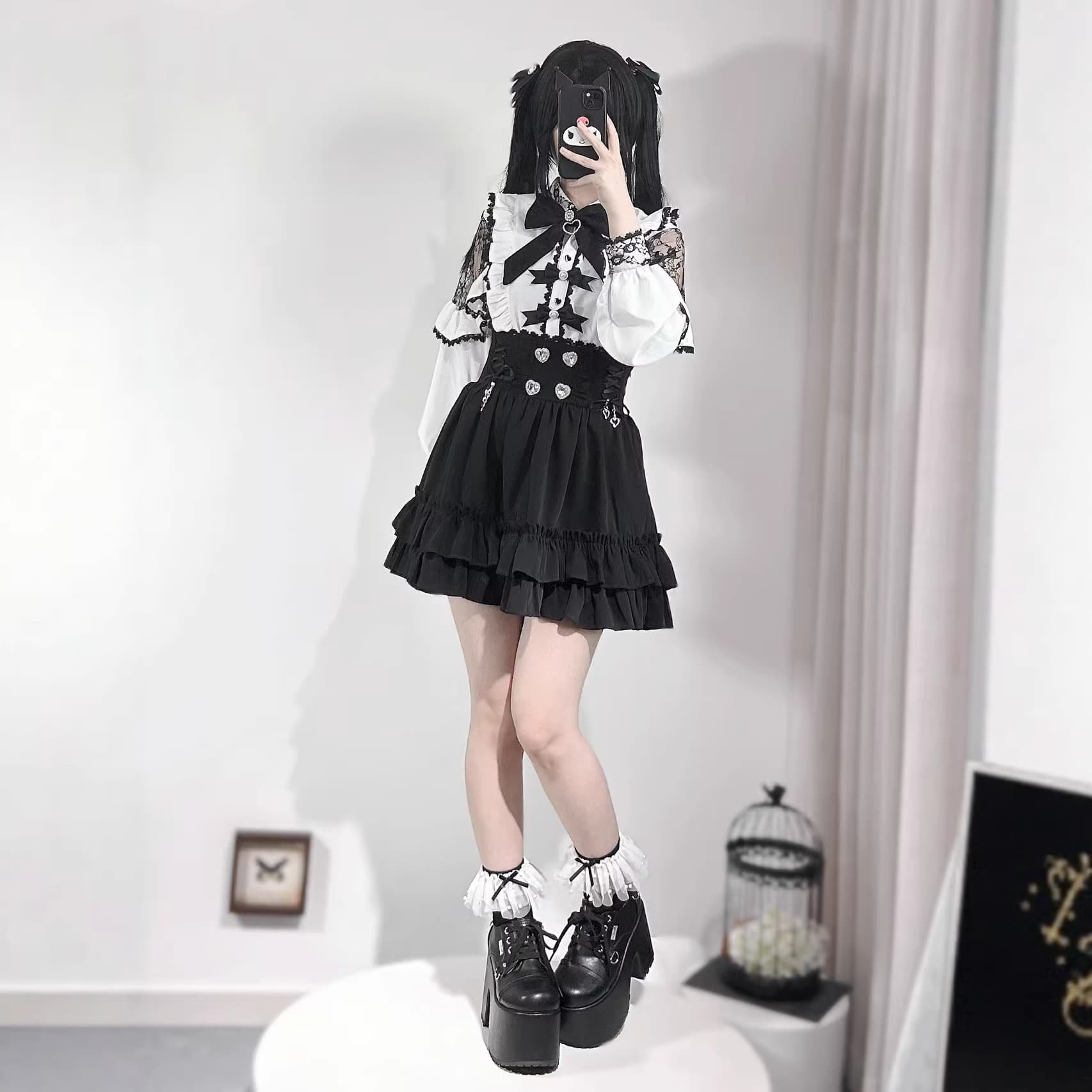 Japanese School Style Slimming Skirt Set for Women, Autumn White Long-Sleeve Blouse High-Waist Slimming Short Skirt Two-Piece Set