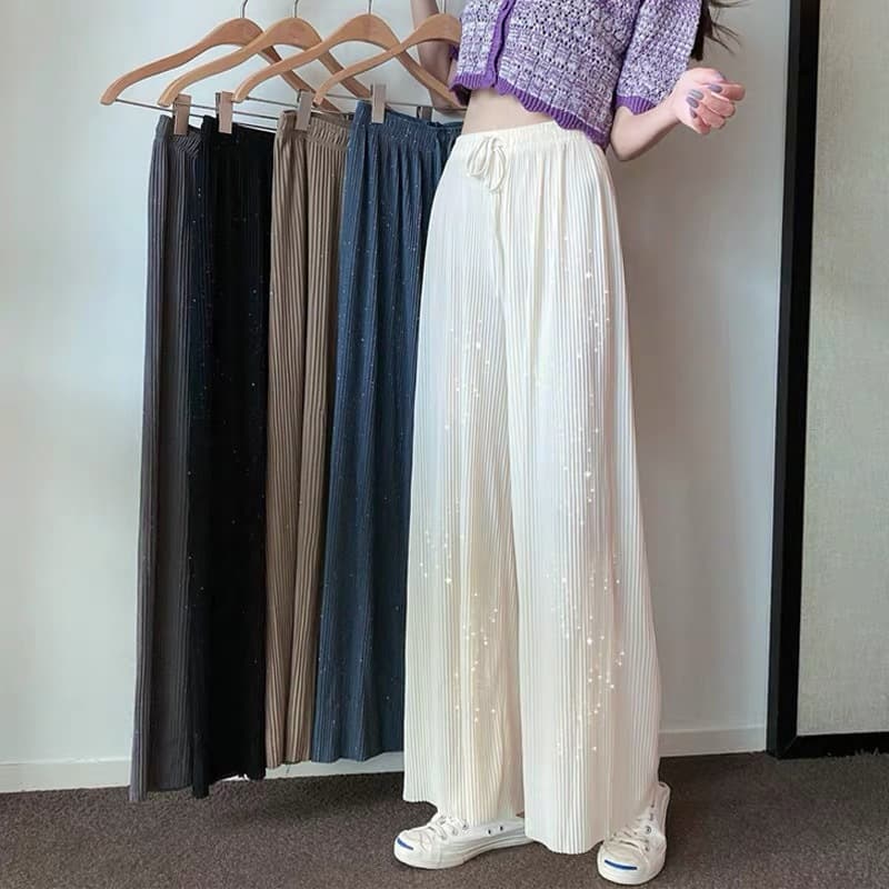 Ice silk sparkling wide-leg pants for women in summer thin loose pleated chiffon pants for women with drapey high-waisted casual straight pants