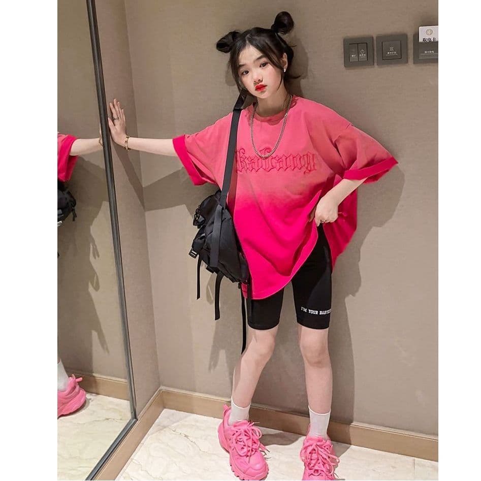 Ice Silk Girls Gradient T-Shirt Dress Mid-Length Short Sleeve Summer Children's Trendy Half-Sleeve Top
