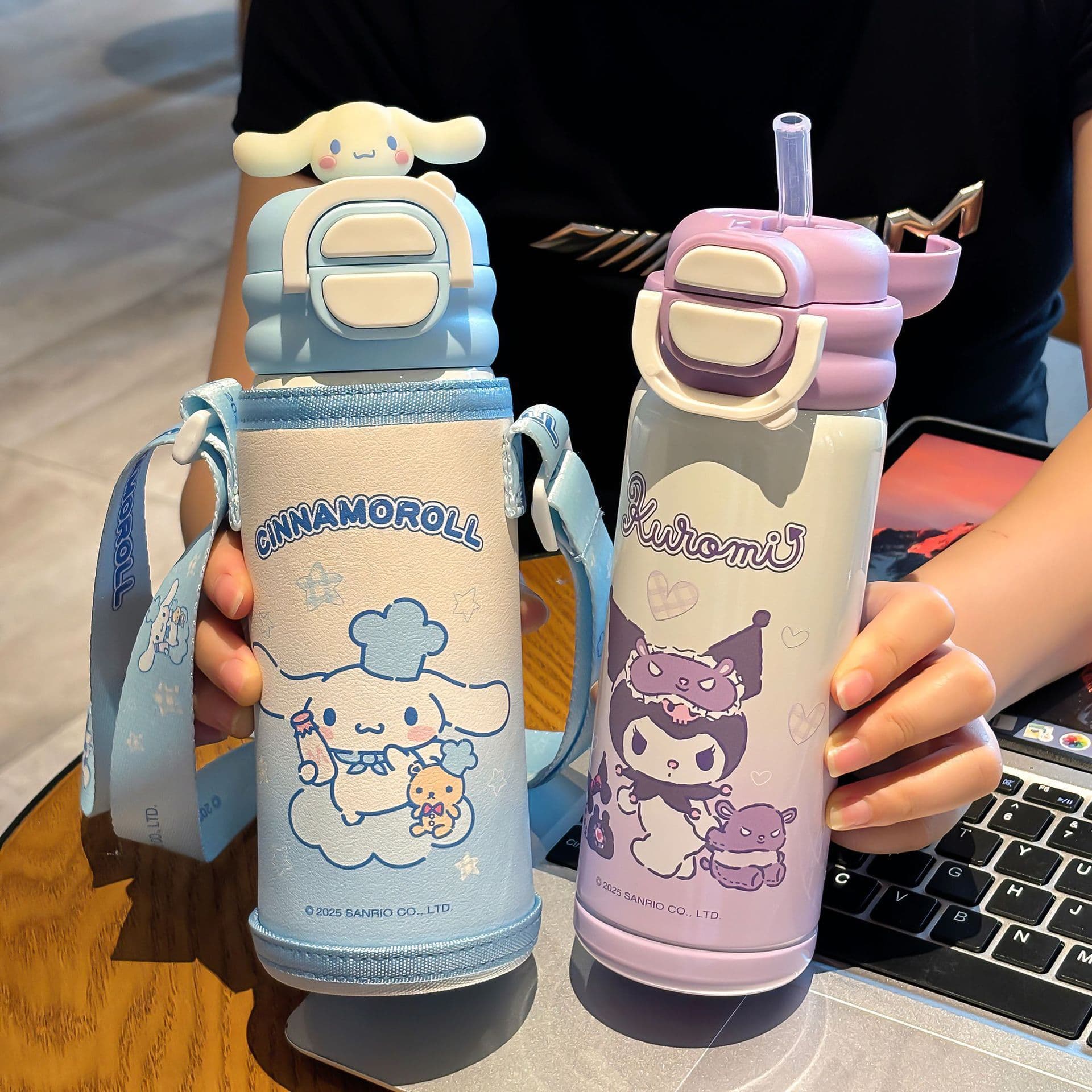 Sanrio Family Series Student Double-Drink Insulated Cup with Cup Sleeve, Portable Crossbody Dual-Drink Water Bottle Gift Set