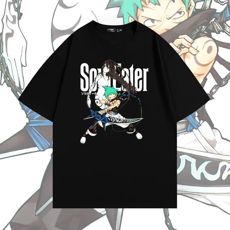 Japanese Anime Soul Eater Pure Cotton Short Sleeve T-Shirt for Male Students High School Summer Trendy Loose Fit Drop Shoulder Half Sleeve Top