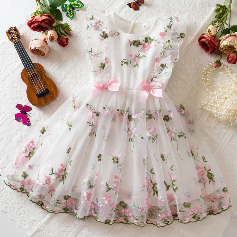 New Cross-Border Girls' Dress Printed Tulle Princess Gown Sleeveless Satin Children's Birthday Performance Dress
