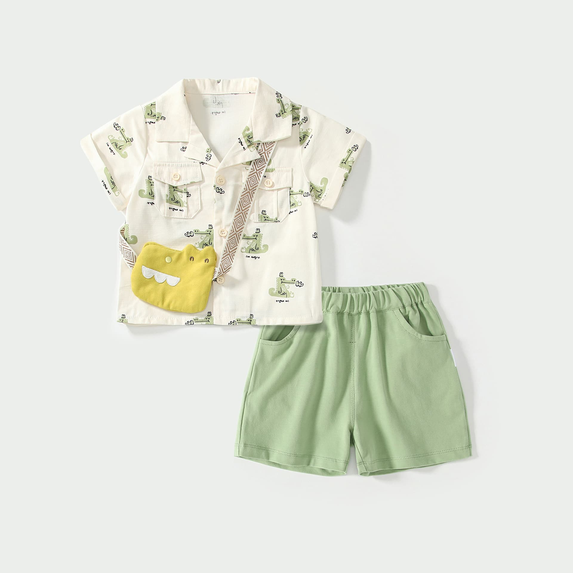 Boys' 2025 new set of children's Korean style full-print dinosaur short-sleeved shirts and stylish shorts three-piece set wholesale