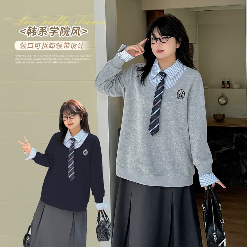 Plus-Size Preppy Style Fake Two-Piece Shirt Sweatshirt, 2025 Autumn New Arrival Youthful Korean Lazy Style Top 121957