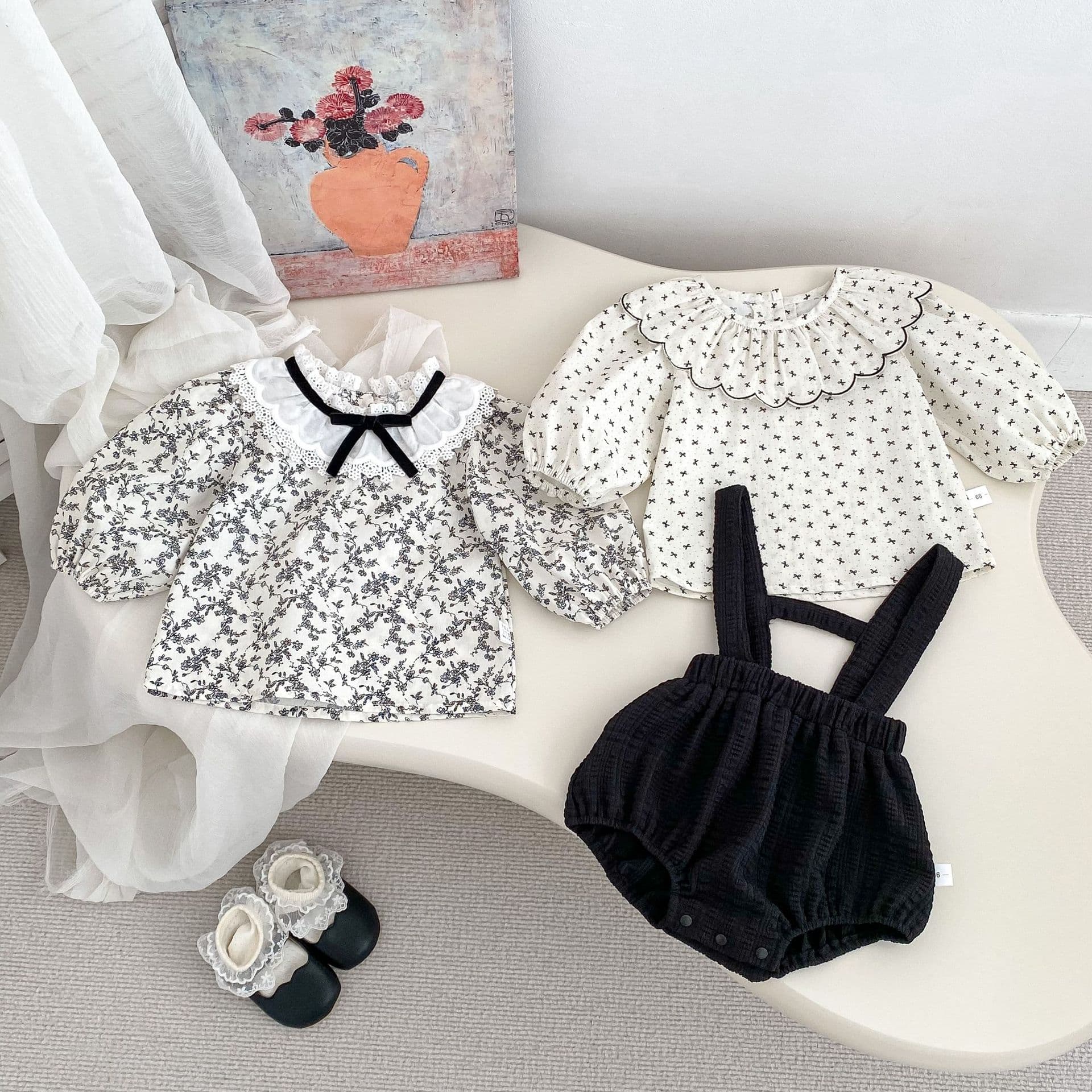 Baby Girl Spring New Arrival Versatile Lace Collar Shirt Floral Top + Suspender Bodysuit Two-Piece Set