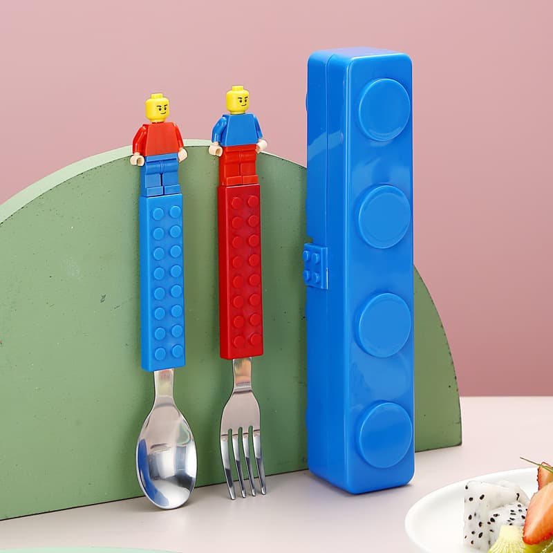 304 stainless steel utensils for home and kids, portable building block lunch box with spoon and fork, fun cartoon storage set
