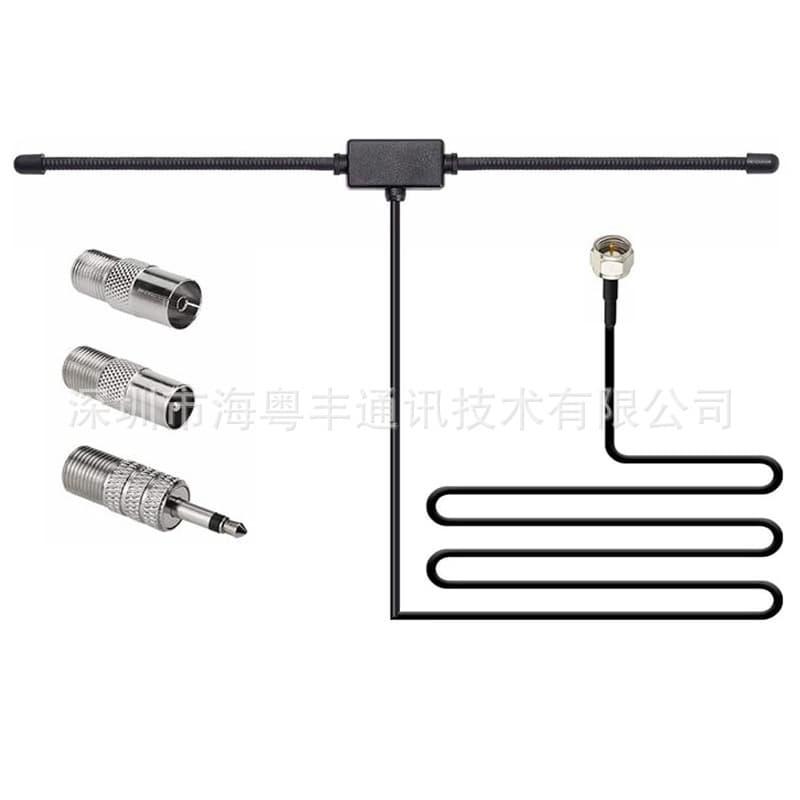 F-type ram's horn antenna, 75Ω, car FM TV radio, F-type female connector to TV 3.5mm mono.