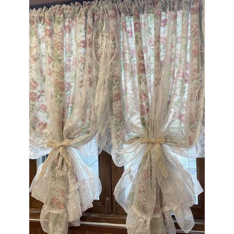 Rustic French Rococo Lace Trim Double-Layer Curtain with Sheer, Bay Window Door Curtain Divider Half Curtain