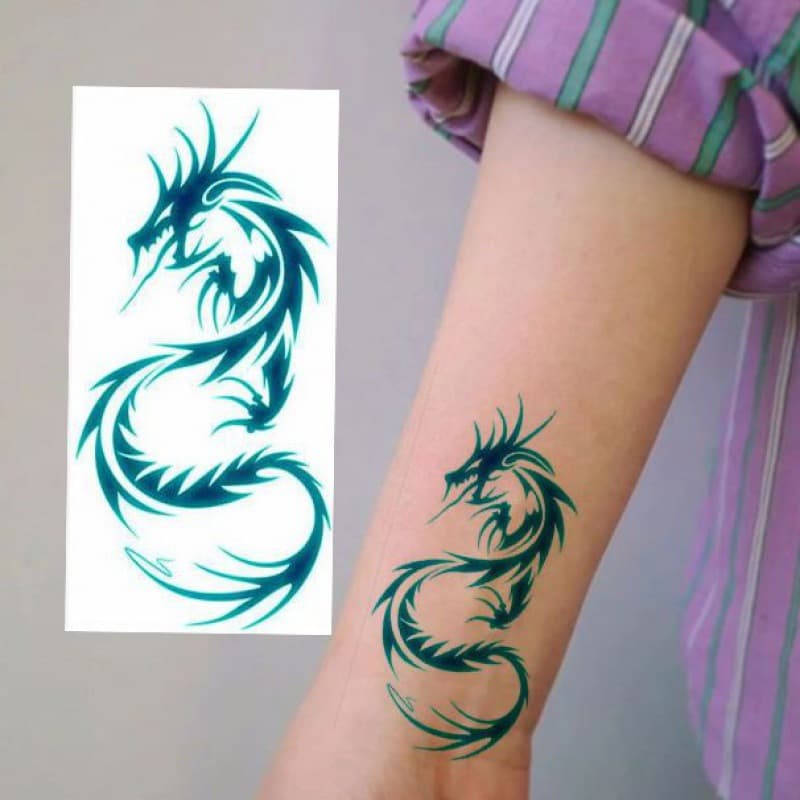 Green Dragon Tattoo Sticker Waterproof Long-lasting Men Women Arm Realistic Totem Dragon Tattoo Wolf Head Tiger Tattoo