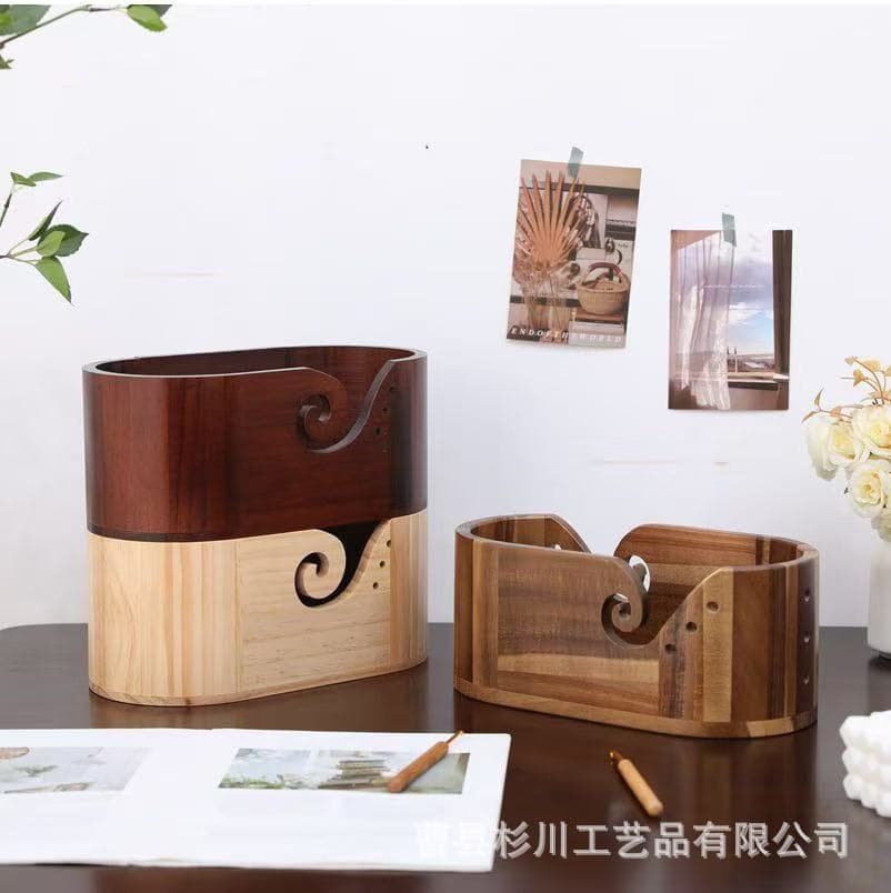 Retro Oval Yarn Ball Storage Wood Box Wooden with Holes Knitting Tool Organizer Household Multi-purpose Wood Box