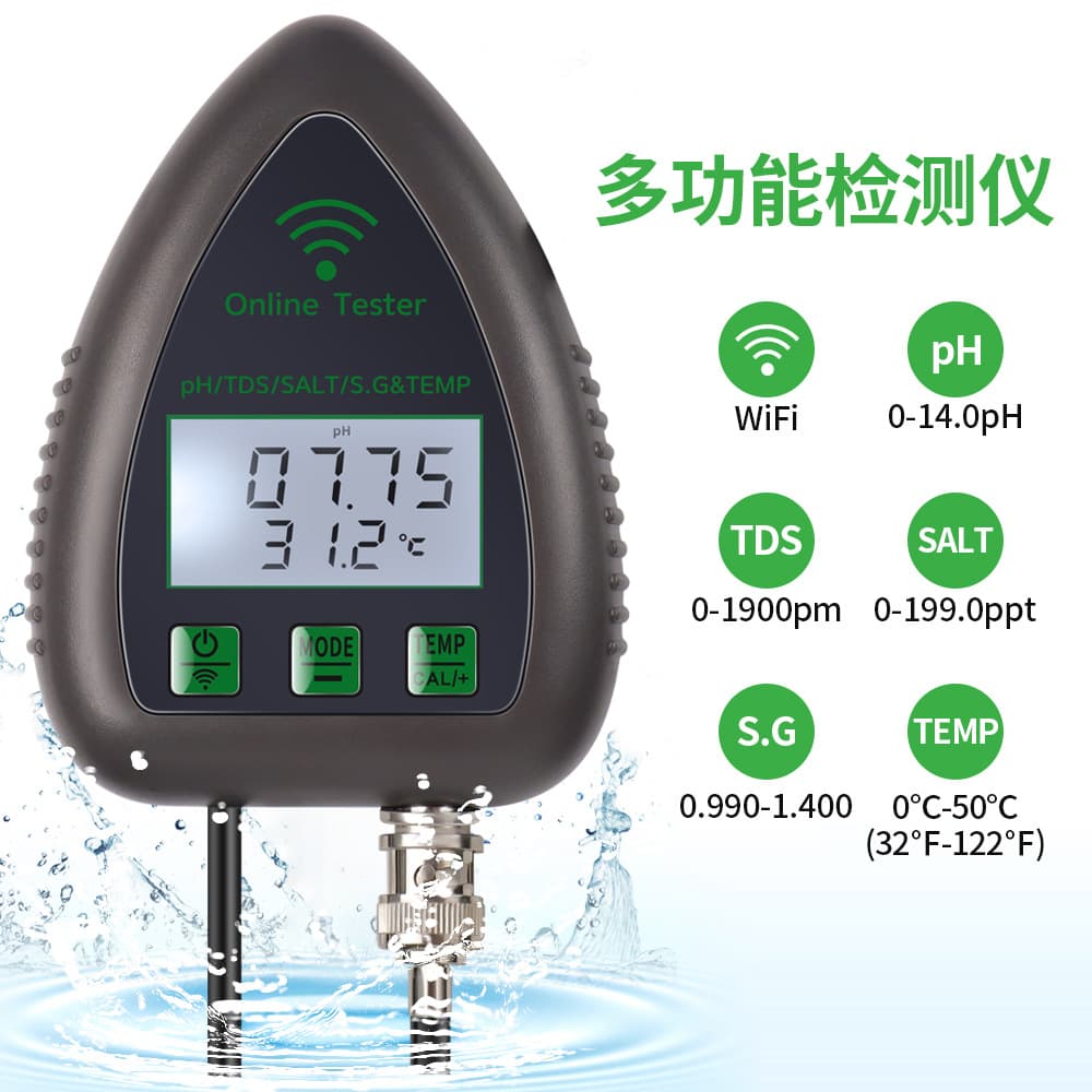 Cross-border Tuya WIFI online water quality monitor PH acidity and alkalinity TDS S.G salinity water quality testing instrument