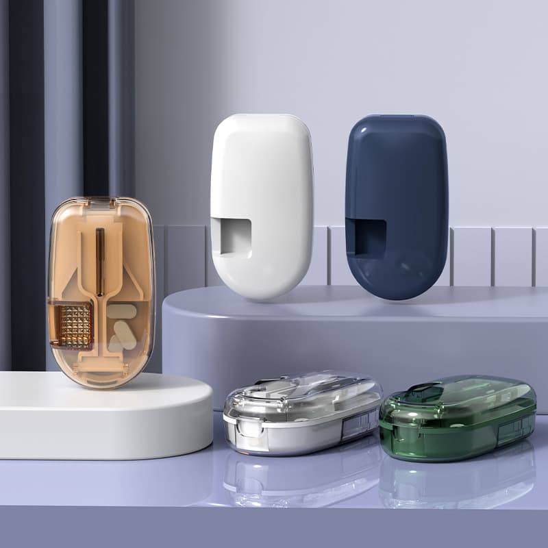 Pill Cutter and Splitter, Portable Medicine Box with Three-in-one Pill Holder and Crusher